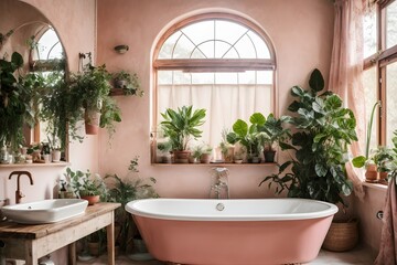 Fototapeta na wymiar rustic interior bathroom with plants around, vintage light pink design. Generative Ai.