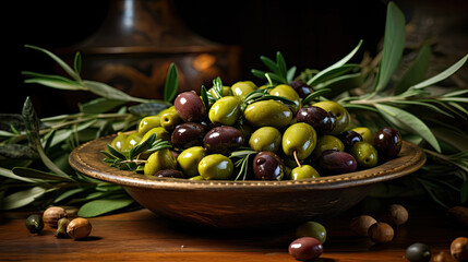 bowl of fresh healthy olive oil fruits on wooden table