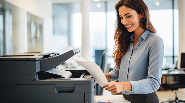happy business executive beautiful woman working taking paper from modern office printer copier