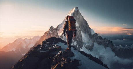 the pinnacle moment as a climber summits an imposing mountain, symbolizing conquering challenges