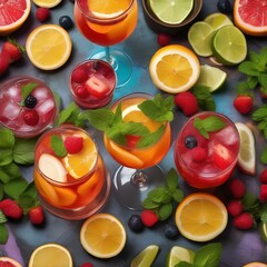 A tray of colorful mocktails garnished with fresh fruit slices and mint leaves2