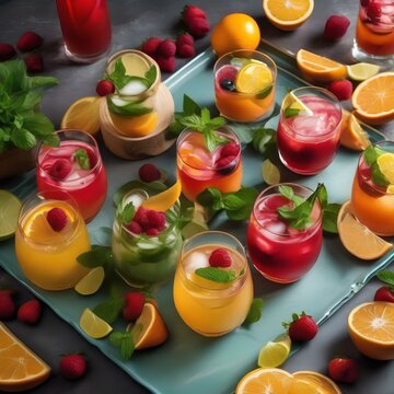 A tray of colorful mocktails garnished with fresh fruit slices and mint leaves1
