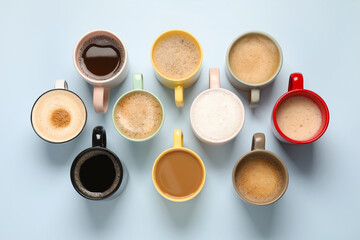 Many different cups with aromatic coffee on light blue table, flat lay