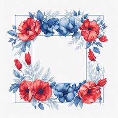 Obraz premium Blue and Red watercolor floral frame, square shape floral frame.