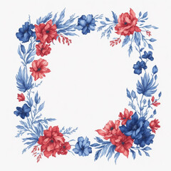 Blue and Red watercolor floral frame, square shape floral frame.