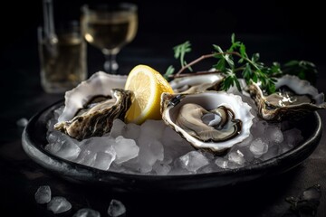 Close-up view of oysters on ice with lemon. Generative AI