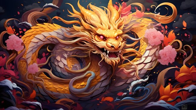 The Chinese New Year 2024 year of the dragon, the Chinese zodiac symbol is the Lunar New Year concept. The Asian Celebration, illustration fantasy anime manga Chinese Golden Dragon. Generative AI.