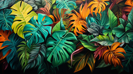 Leaves of exotic plants in street art style created with Generative Ai