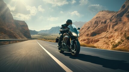 a motorcycle gracefully navigating an empty highway, symbolizing the freedom and joy of the ride. - obrazy, fototapety, plakaty