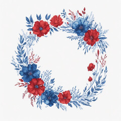 Blue and Red watercolor floral frame, Round shape floral frame.