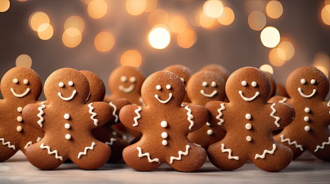 Festive gingerbread cookies on a background of Christmas lights created by AI
