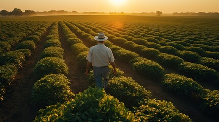 Fototapeta premium Back view: farmer working in the field and looking into the distance, Farmers working on fields at sunset outdoors
