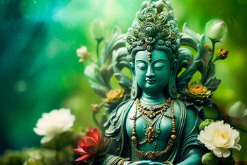 Green Tara Buddha statue in mantra meditation. Buddhism religion goddess. - obrazy, fototapety, plakaty