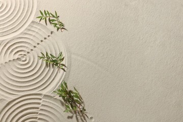 Beautiful spirals and branches on sand, top view with space for text. Zen garden