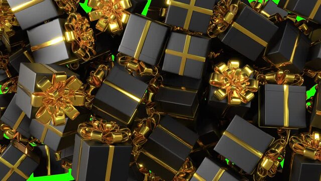 Black gift boxes with golden ribbons fall, covering the entire green screen. Black Friday Sale background. 3d render realistic animation.Falling Merry Christmas gift on a green screen.