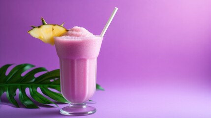 Vivid tropical pink slushy on a purple background, a refreshing summer drink with a chilled and fruity vibe, perfect for vacation and relaxation