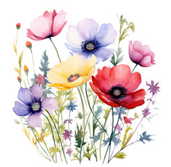 Watercolor illustration of spring wildflowers. Generative AI, png image.