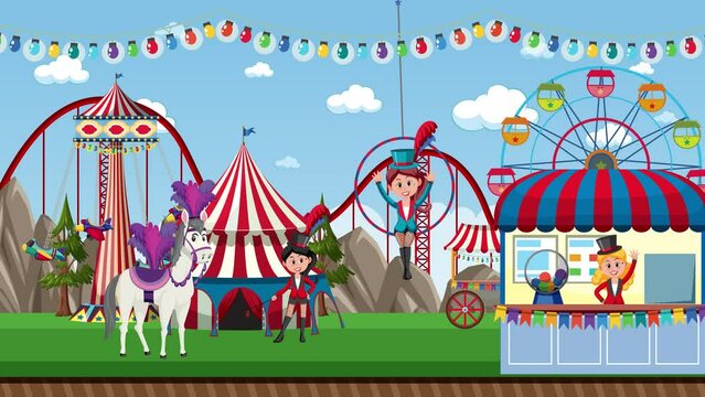 The circus show outdoor at theme park with all the rides at background day time scene