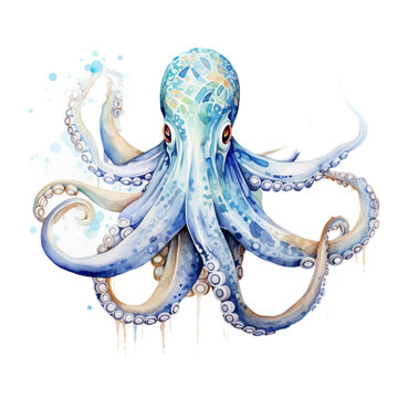 Watercolor illustration of a sea octopus. Generative AI, png image.