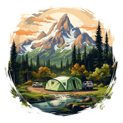 Tent family camping in wild with pine tree and moutain svg png file for t-shirt design on transparent background