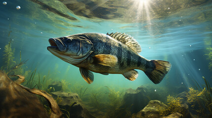 Black Bass Largemouth fish in freshwater fishing game - obrazy, fototapety, plakaty
