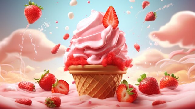 Strawberry ice cream with floating sauce and delicious fruits for summer
