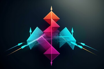 Create a stock image with a simple geometric background, three vibrant arrows, and a ascending line graph, leading to a central point. Generative AI