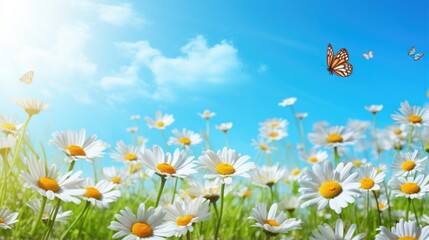Chamomiles daisies flowers in spring with sunshine and a flying butterfly on background blue sky