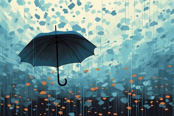 Blue umbrella in flat colors with raindrops. Generative AI