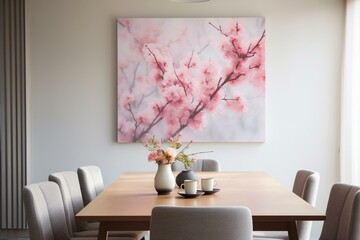 Artwork depicting pink flowers adorns a dining room wall. Generative AI