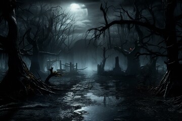 Eerie moonlit Halloween night amid a haunted woods. Generative AI