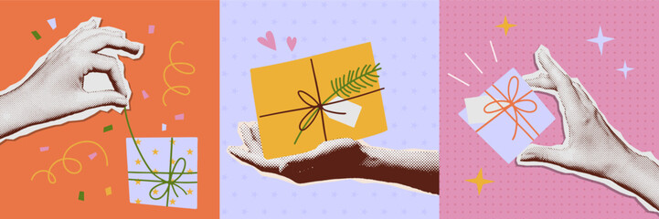 Nostalgia 80s-90s collage with Halftone sticker hands giving gift. Contemporary art with halftone texture dots. Hand with present boxes. Crazy retro y2k style. Holiday Vector illustration.