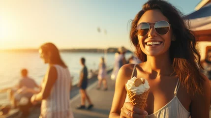 Schilderijen op glas Young woman eating ice cream as they stroll along on a hot summer day during their vacation time. © Oulaphone