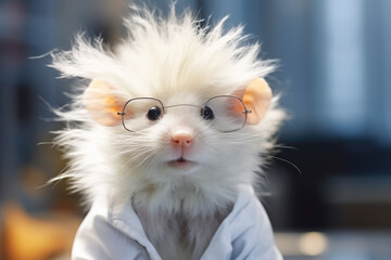 Shaggy hamster in glasses like a vet doctor, portrait close-up. Generative AI - 654242154