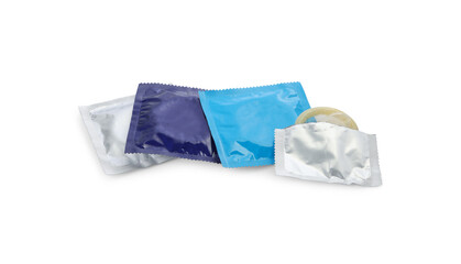 Many condoms on white background. Safe sex