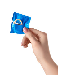 Woman holding condom on white background, closeup