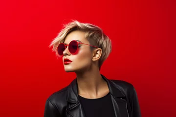 Rolgordijnen A trendy woman wearing fashionable sunglasses , capturing the essence of urban on the red background. Generative Ai © bluebeat76