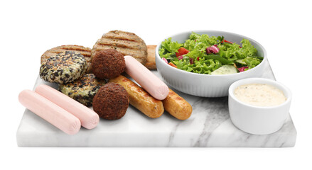 Serving board with different tasty vegan meat products, sauce and fresh vegetable salad isolated on white