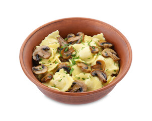 Delicious ravioli with mushrooms isolated on white