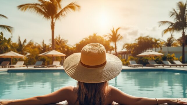Beautiful girl wearing swimming suit and straw hat relaxing in pool at luxury resort. Summer vacation concept.