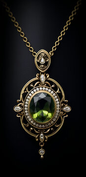 Necklace with big green emerald, golden design with diamantes, black background AI-Generated