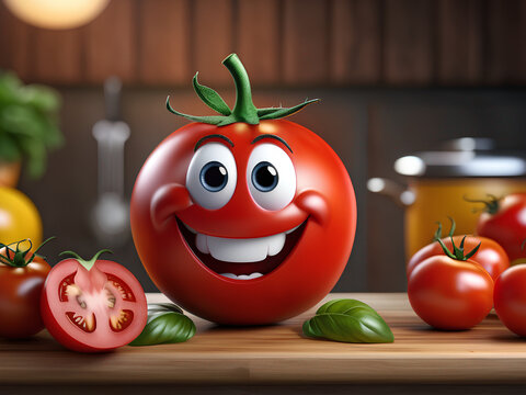 A Smiling Tomato on a Countertop: A Cute and Colorful Image