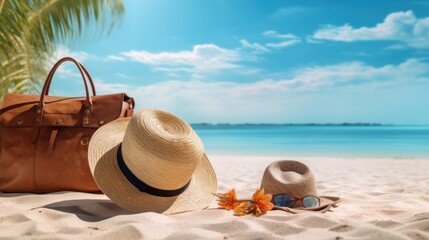 Summer vacation background, Straw hat, sunglasses and flip flops on a tropical beach.