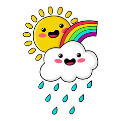 Illustration of a sun behind a rainy cloud from which a rainbow comes out, kawaii style, shirt design
