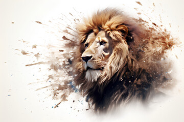 Lion head in splash in white background, AI-Generated