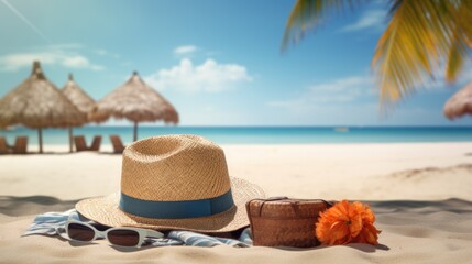 Fototapeta na wymiar Summer vacation background, Straw hat, sunglasses and flip flops on a tropical beach.