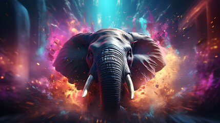 Neon, Mesmerizing elephant, dynamic composition, colorful splash, running toward camera, AI-Generated 