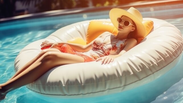 Beautiful girl wearing swimming suit and straw hat relaxing in pool at luxury resort. Summer vacation concept.