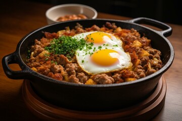 A dish made with sausage and eggs. Generative AI