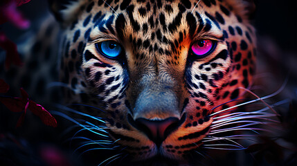 Extreme closeup on cheetah, blue and pink colours, cheetah looking toward camera, AI-Generated